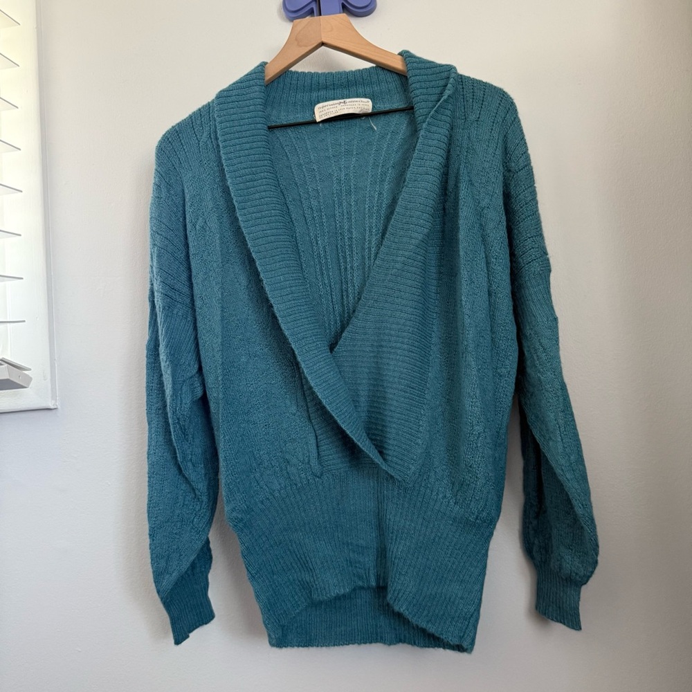 Peruvian‎ Connection Alpaxa Shawl Wrap Front Sweater Teal Blue Rib Knit Large/XL